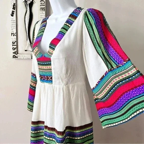 Esley Boho Festival Bell Sleeve Printed White Mini Dress Size L - Picture 5 of 13